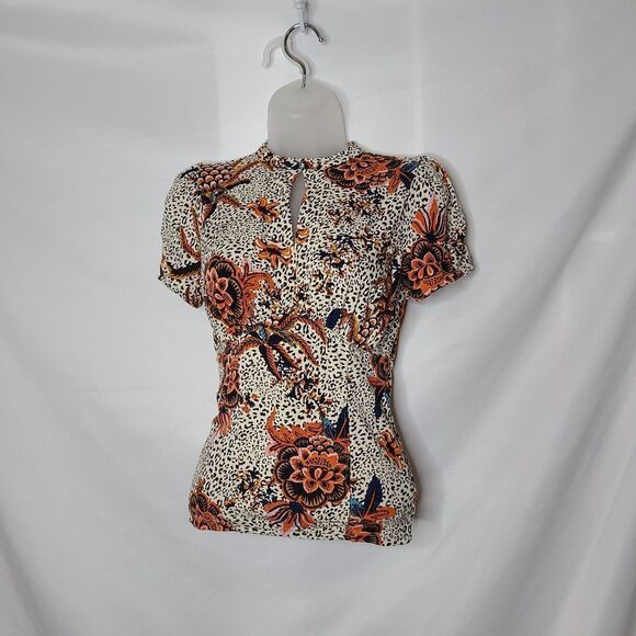 Free People Hear‎ Me Roar Animal print Floral Top Blouse Keyhole XS - Picture 1 of 6